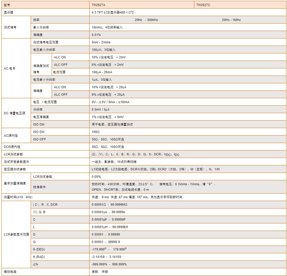 精密LCR数字电桥TH2827C技术参数宇捷弘业