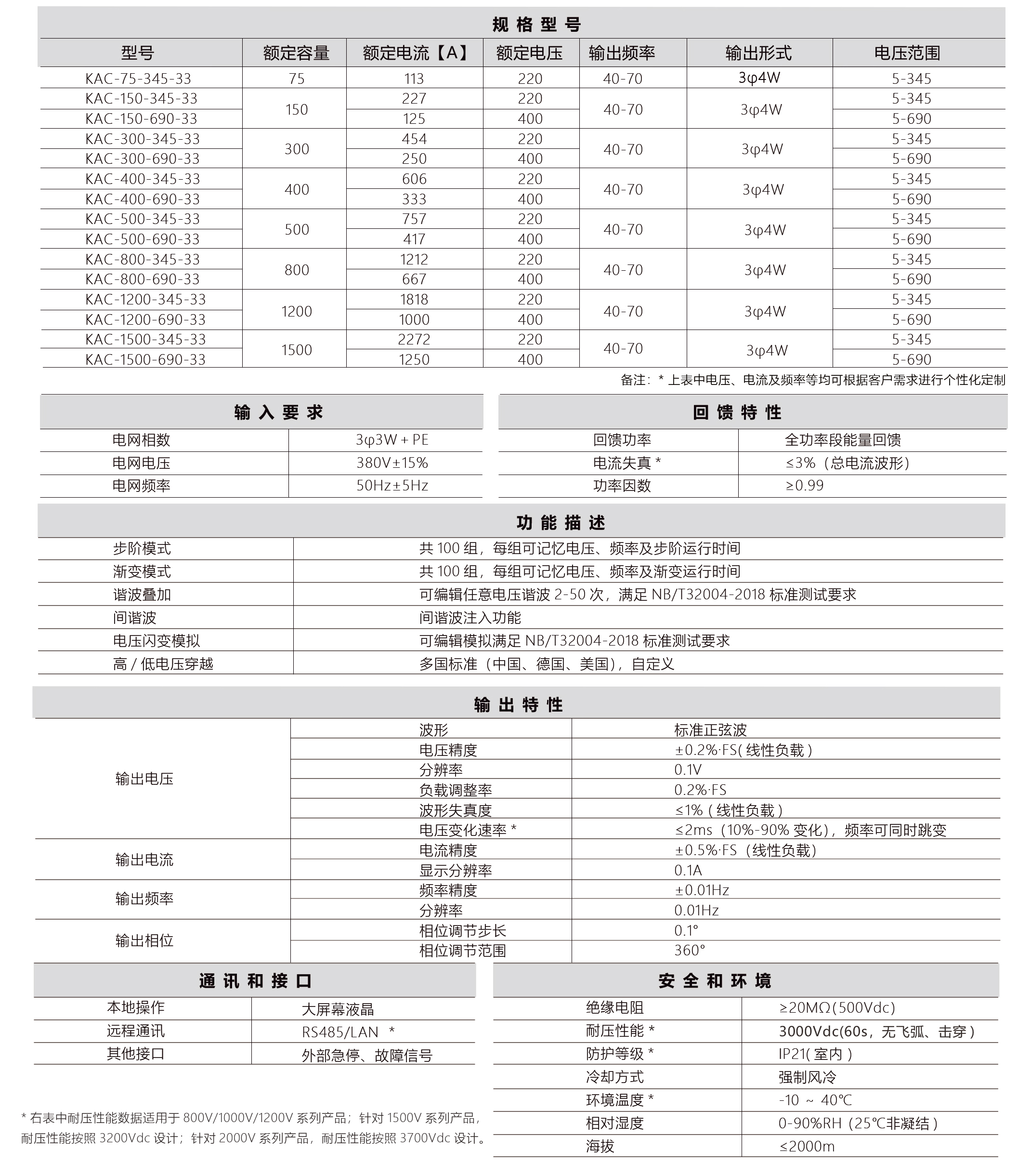 可回馈交流模拟电网电源KAC系列规格参数宇捷弘业
