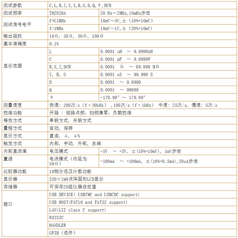 高频LCR数字电桥TH2826A技术参数宇捷弘业